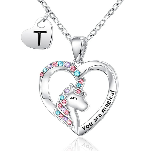 Shonyin Silver Unicorn Necklace AIF4 for Women T Initial Necklaces CZ Heart Pendant Christmas Birthday Party Valentines Day Jewelry Gifts for Teens Niece