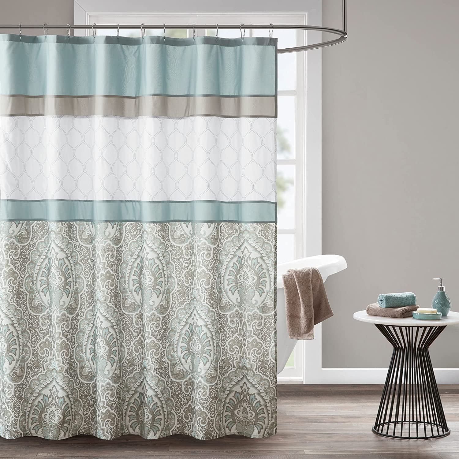 Stacie Embroidered Shower Curtain Seafoam - 510 Design: Paisley Microfiber, Easy Care, Buttonhole Top