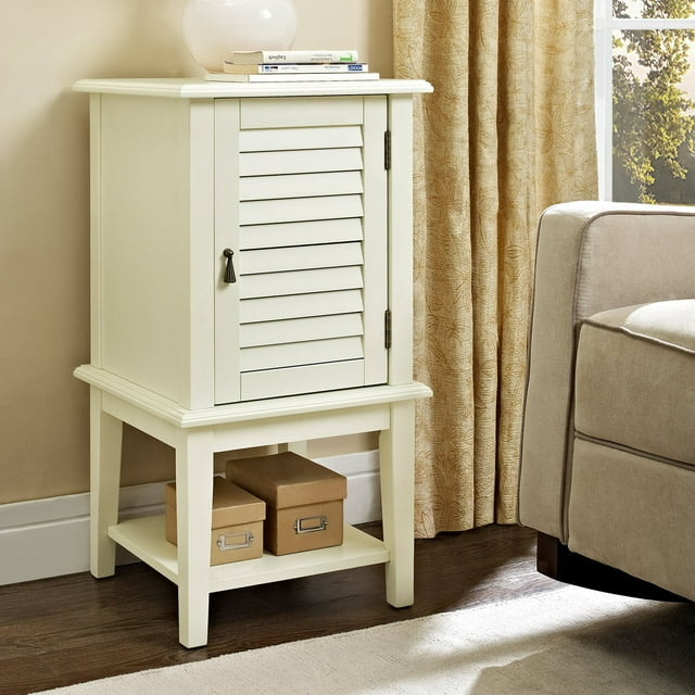 Shutter Door Accent Side Table with Shelves, White