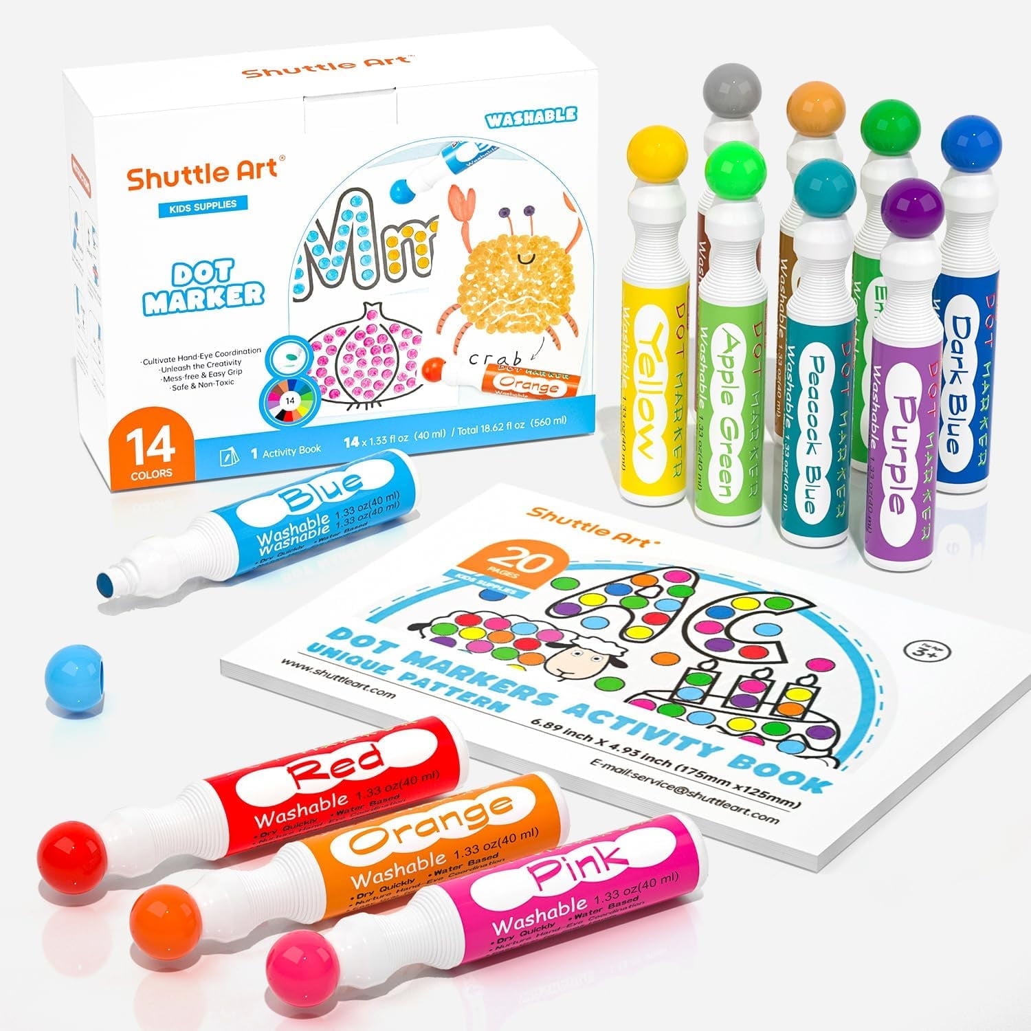 Shuttle Art Dot Markers, 14 Colors Bingo Daubers with 20 Unique Patterns of Dot Book for Art Activities, Non-Toxic Washable Coloring Markers
