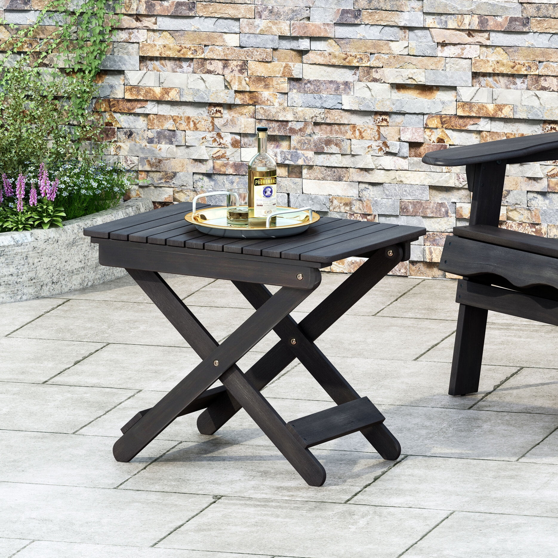 Side Table, Folding Wooden End Table, Outdoor Sode Table for Garden, 15"D x 22.75"W x 18.25"H , Dark Gray