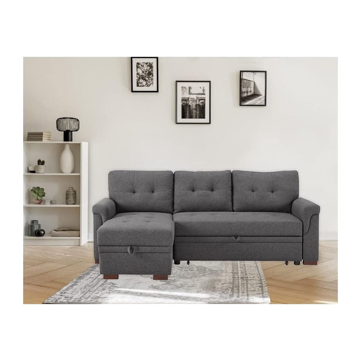 Sierra Dark Gray Fabric Reversible Sleeper Sectional Sofa with Storage Chaise