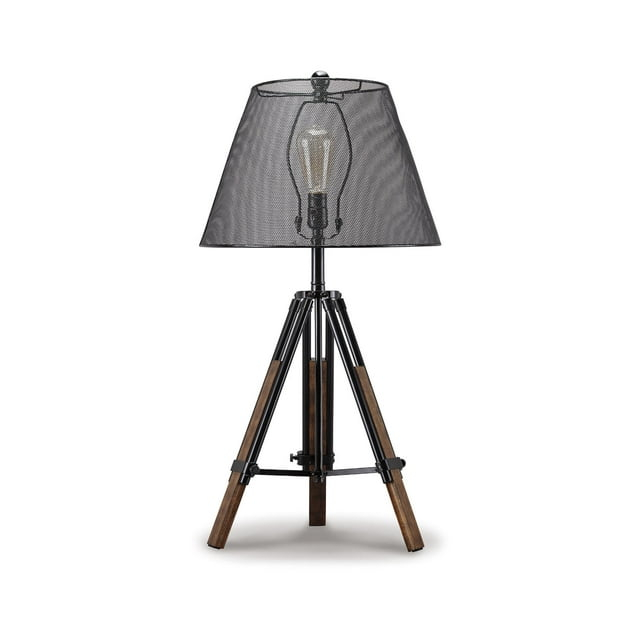 Signature Design by Ashley Leolyn Urban Adjustable Height Tripod Base with Wire Mesh Shade Single Table Lamp, Black & Brown