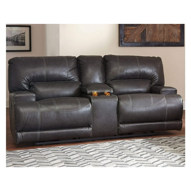 Signature Design by Ashley McCaskill Leather Power Reclining Sofa in Gray
