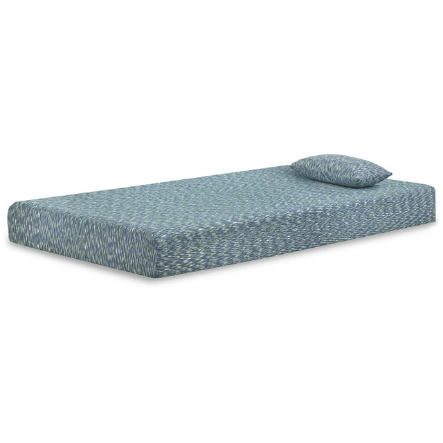 Signature Design by Ashley iKidz 7 Inch Firm Twin Memory Foam Mattress with Stretch Knit Cover & Pillow Included, Blue