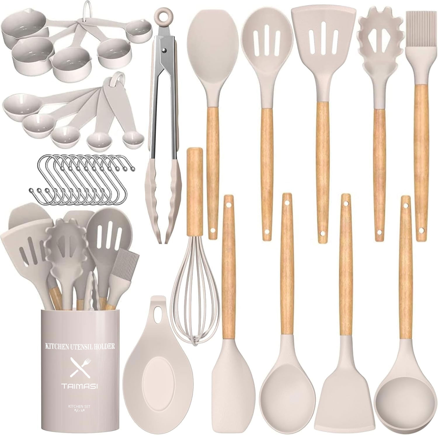 AOKIWO Silicone and Wood Non-Stick Cooking Utensil Set, 33 pcs