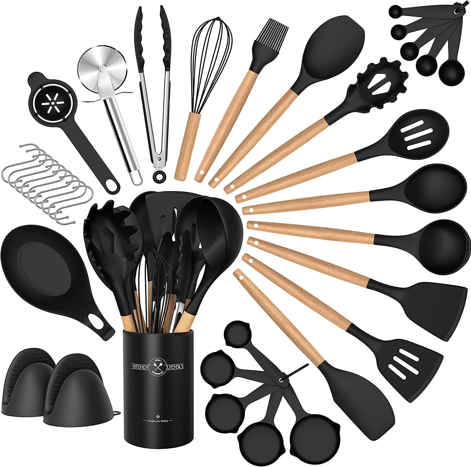 Silicone Kitchen Cooking Utensils Sets with Holder,Nonstick Heat Resistant,Wooden Handle,Black