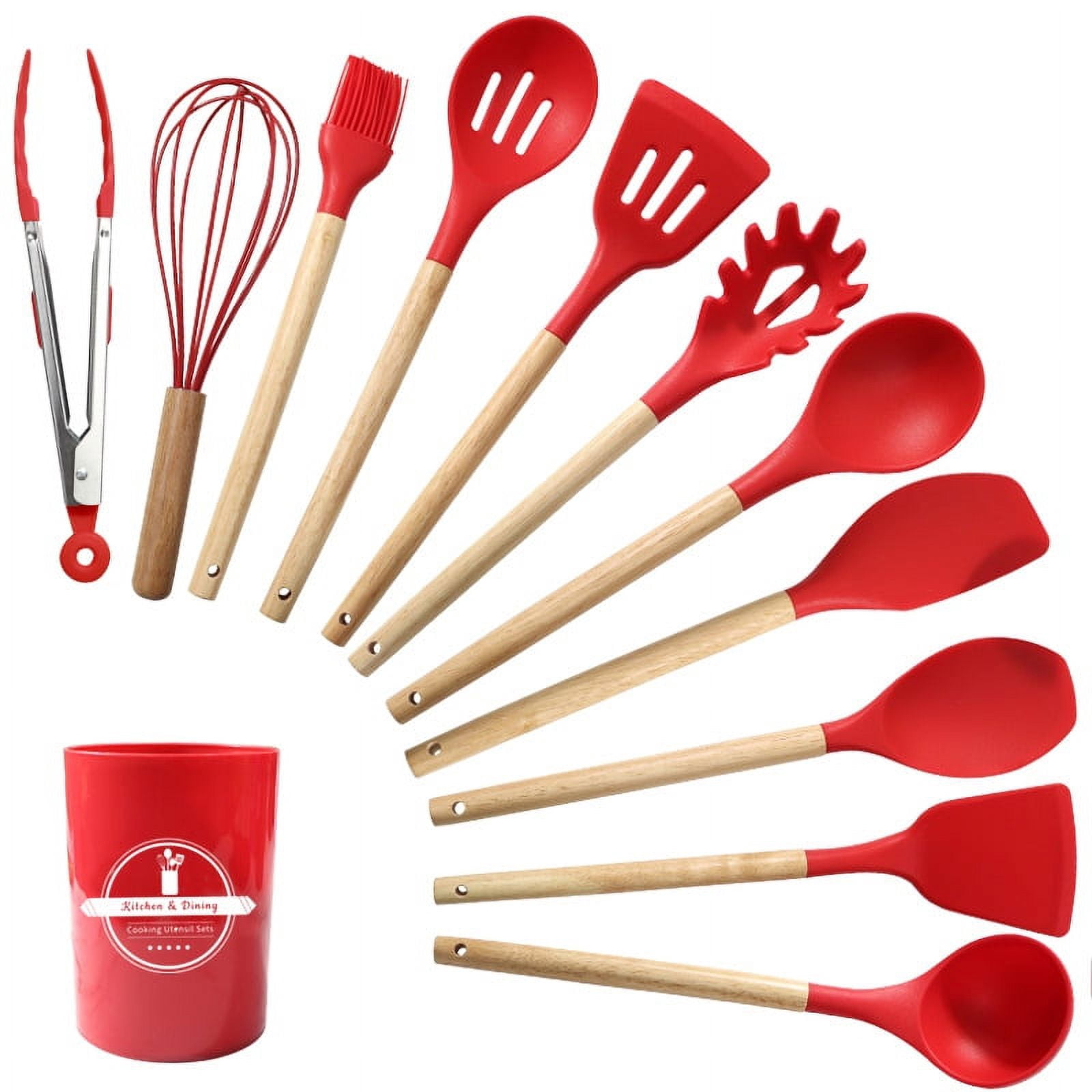 Silicone Kitchen Utensils, 12 Piece Non-Stick Heat Resistant Cookware Set with Wooden Utensil Handle, Black - Red