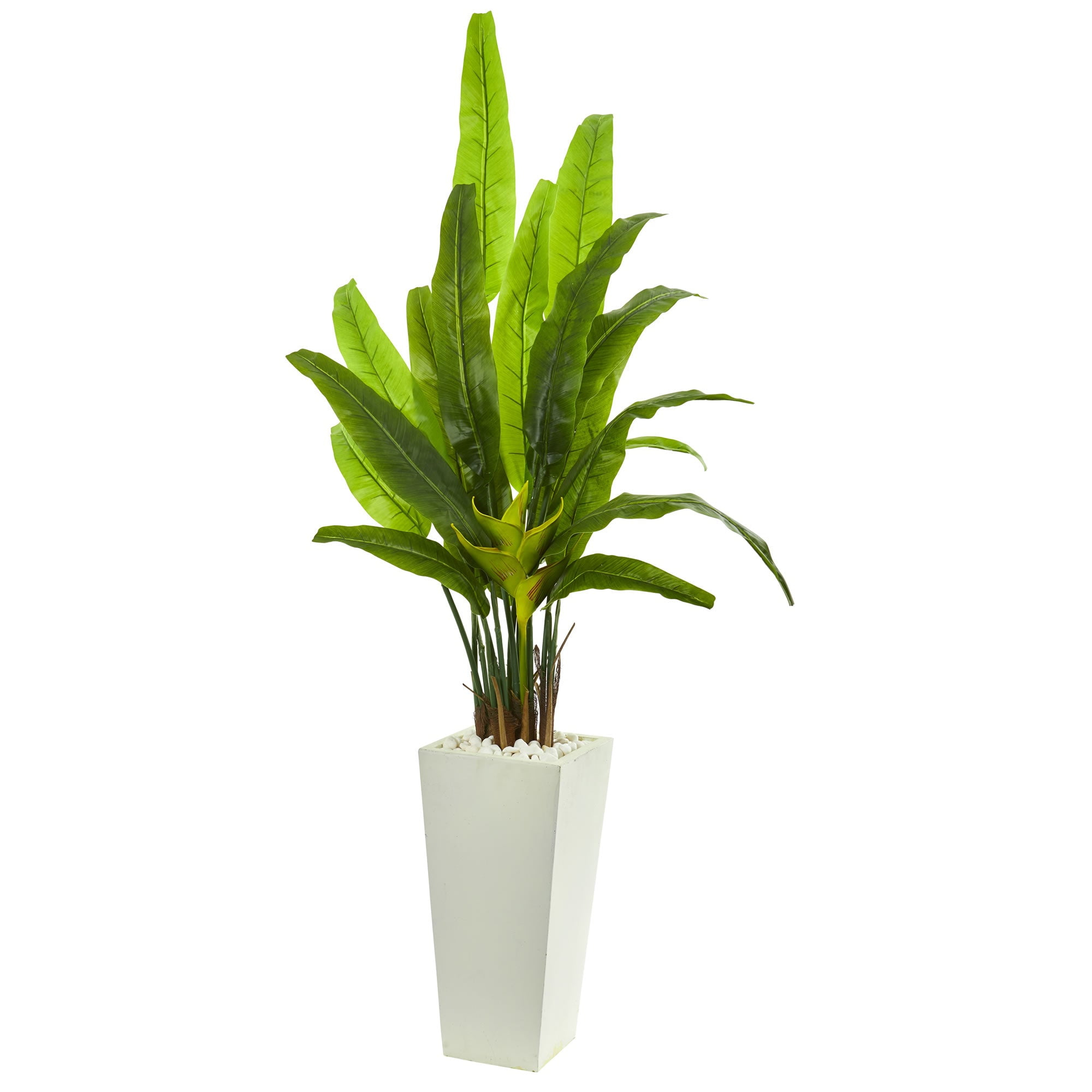 Nearly Natural 69-in Travelers Palm Artificial Tree in White Tower Planter