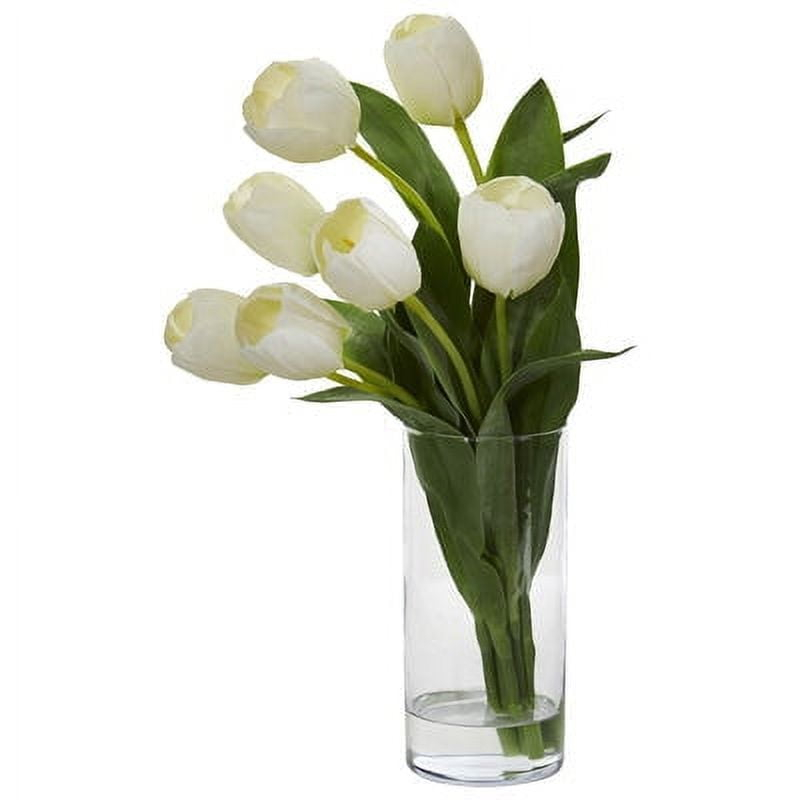 Nearly Natural 1574-WH Tulip Artificial Arrangement in Cylinder Vase - White