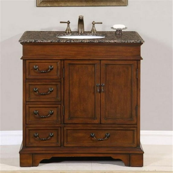 Silkroad Exclusive Transitional Baltic Brown Granite Bathroom Vanity- Single Sink - 36 in. Wide