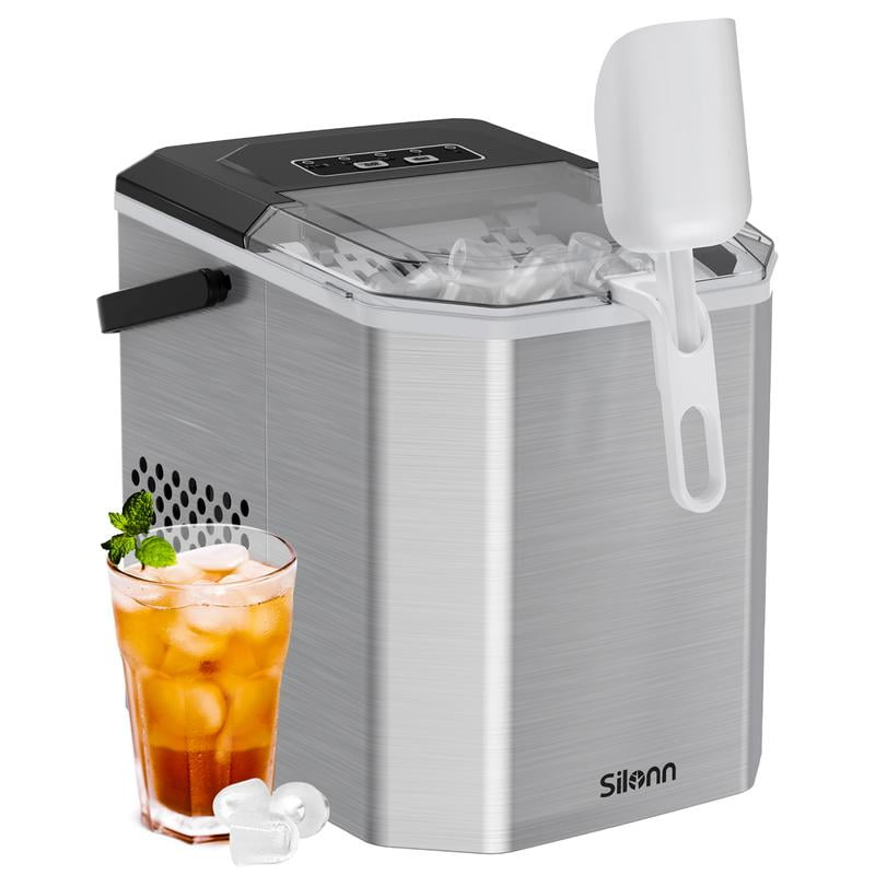 Silonn Ice Maker Countertop, Portable Ice Machine with Carry Handle, Self-Cleaning Ice Makers with Basket and Scoop, 9 Cubes in 6 Mins, 26 lbs per Day, Ideal for Home, Kitchen, Camping, RV
