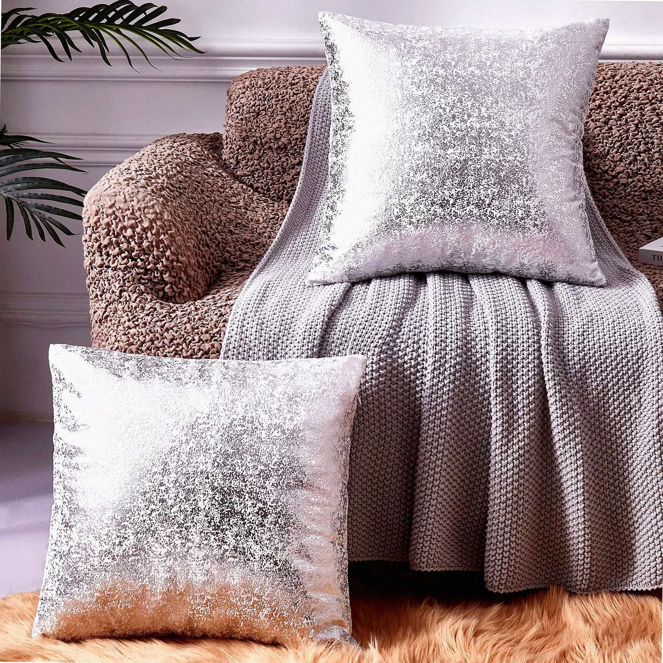 Silver Velvet Bliss Pillow Covers - Set of 2 White 18x18 Decorative Square Throw Pillows for Home Decor. Ideal for Bedroom, Living Room, Couch, Bed, and Sofa. Luxurious White and Silver Design.