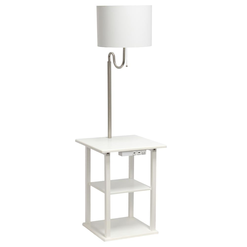57 in. Modern 2 Tier End Table & White Drum Fabric Shade Floor Lamp with 2 x USB Charging Ports & Power Outlet, White