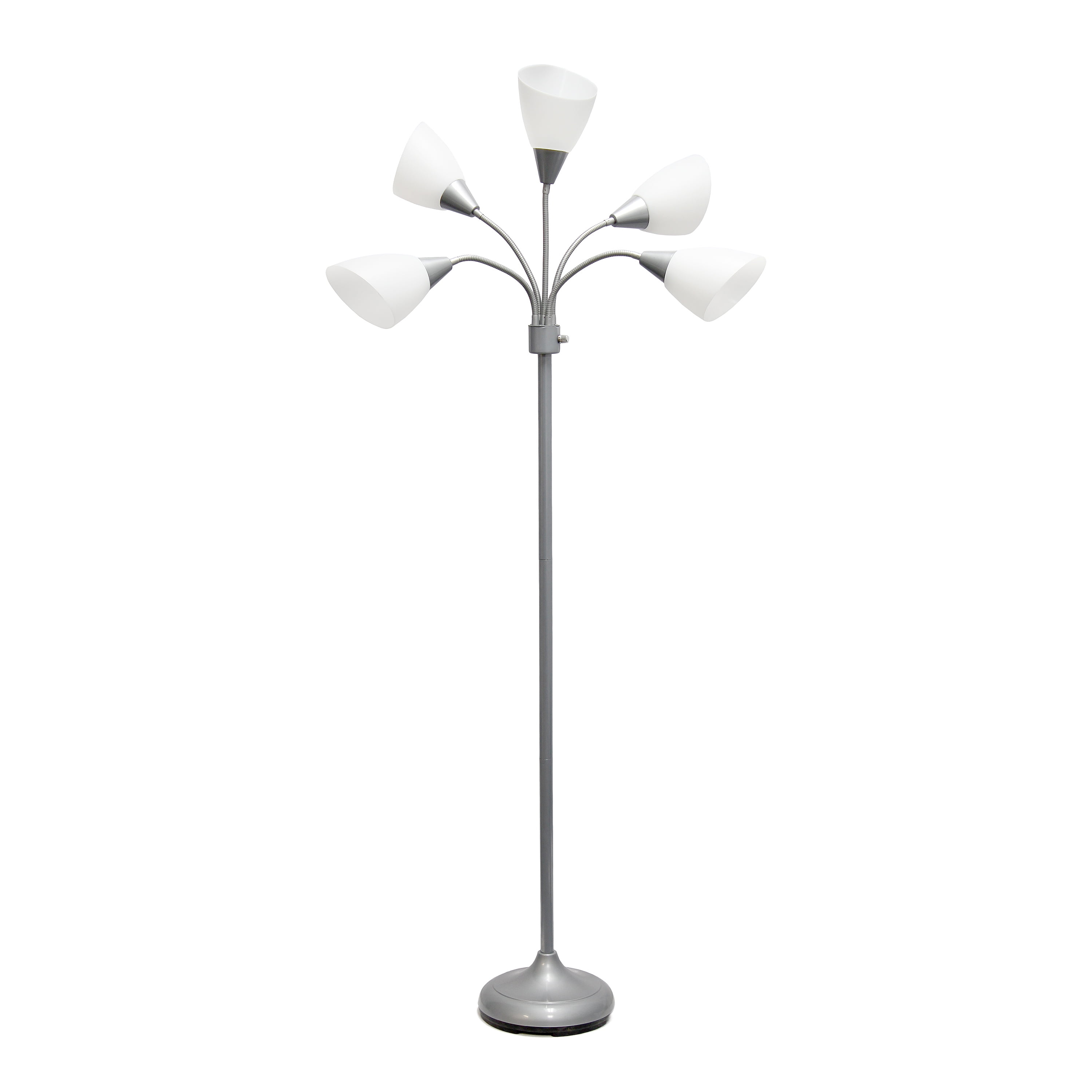 Simple Designs 67" Medusa 5-Light Adjustable Gooseneck Floor Lamp, Silver with White Shades