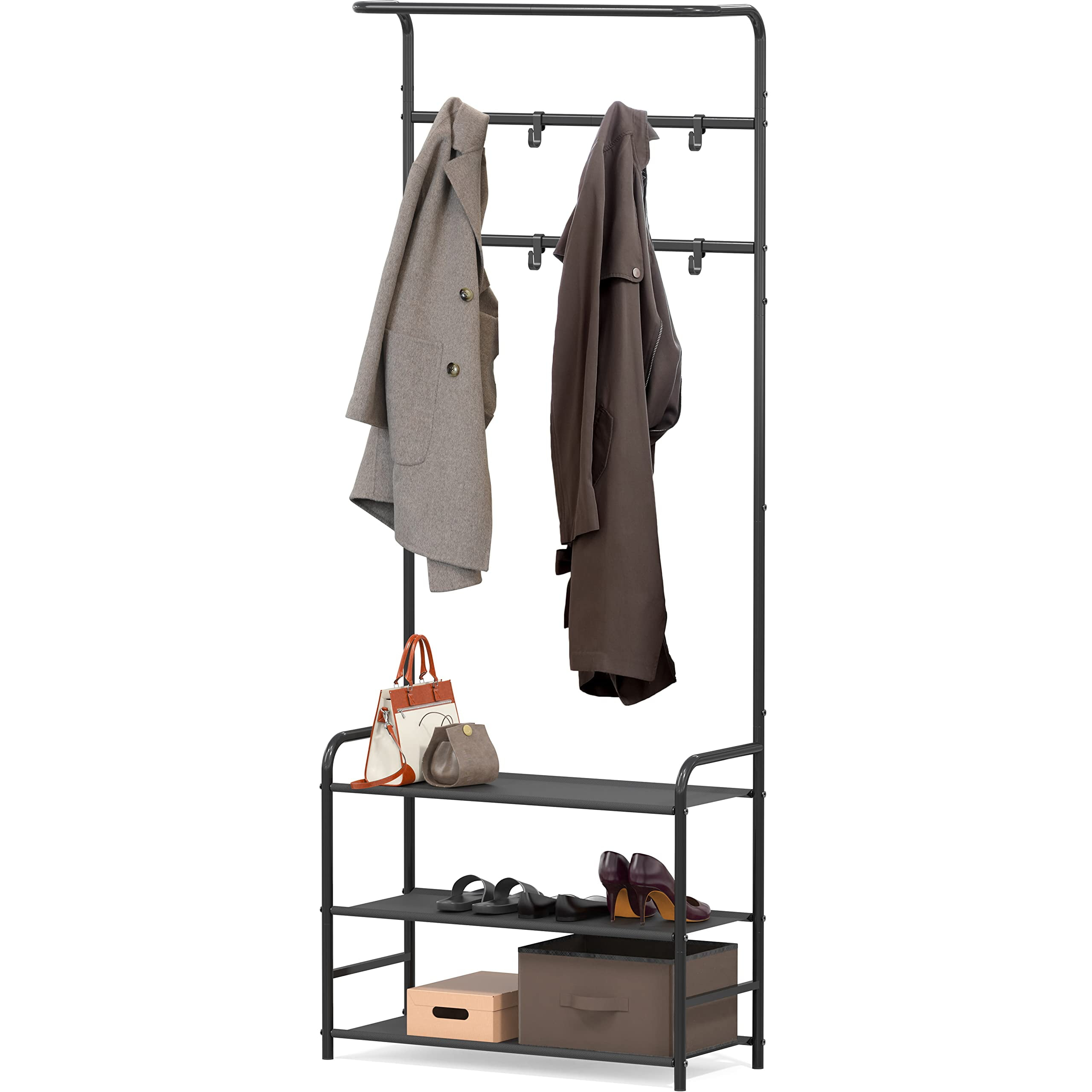 Simple Houseware Coat Rack with Storage Shelf and Shoe Rack for Entryway, Black
