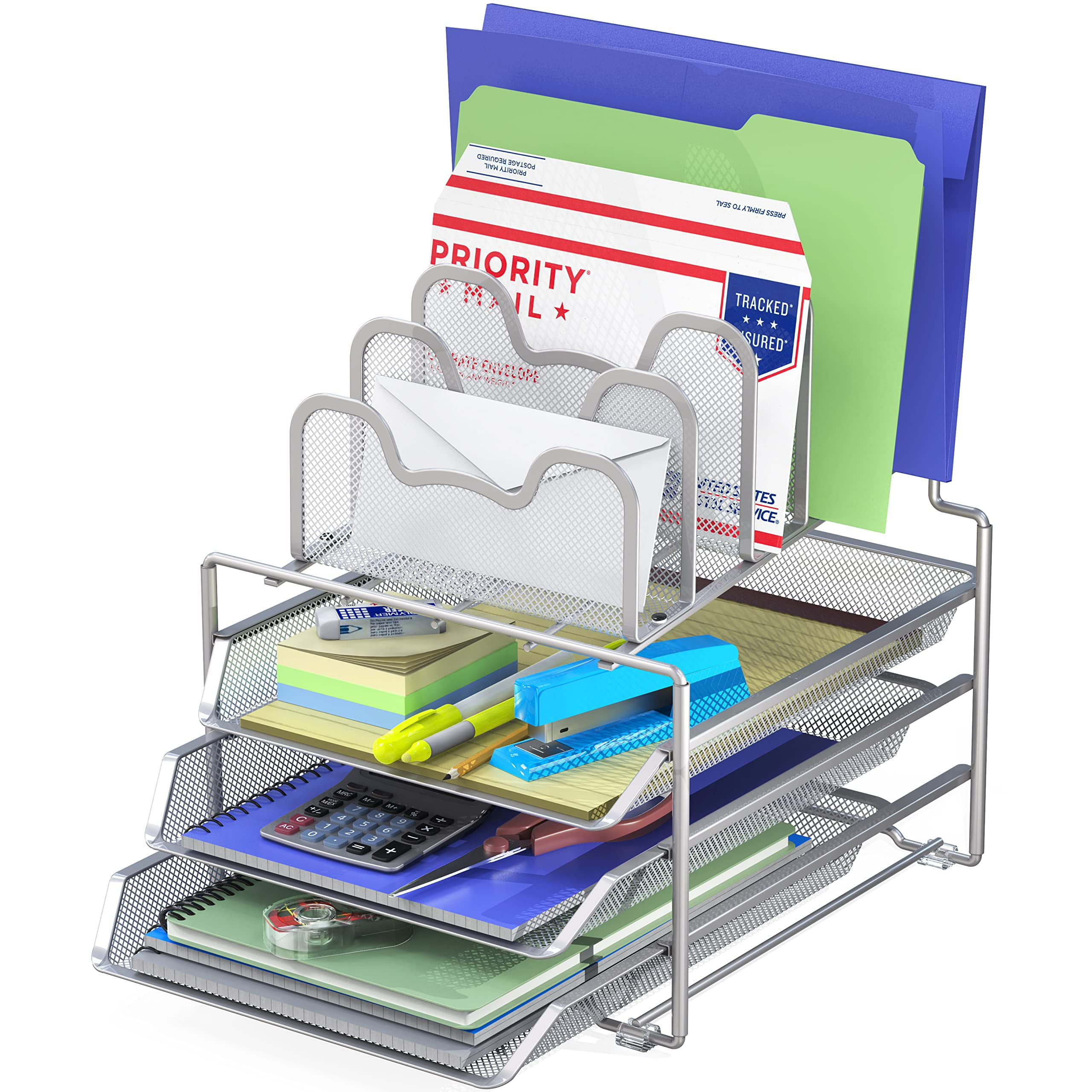 Simple Houseware Desk 3 Sliding Tray and 5 Stacking Section Organizers, Silver