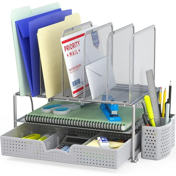 Simple Houseware Mesh Desk Organizer with Sliding Drawer, Double Tray and 5 Upright Sections, Silver