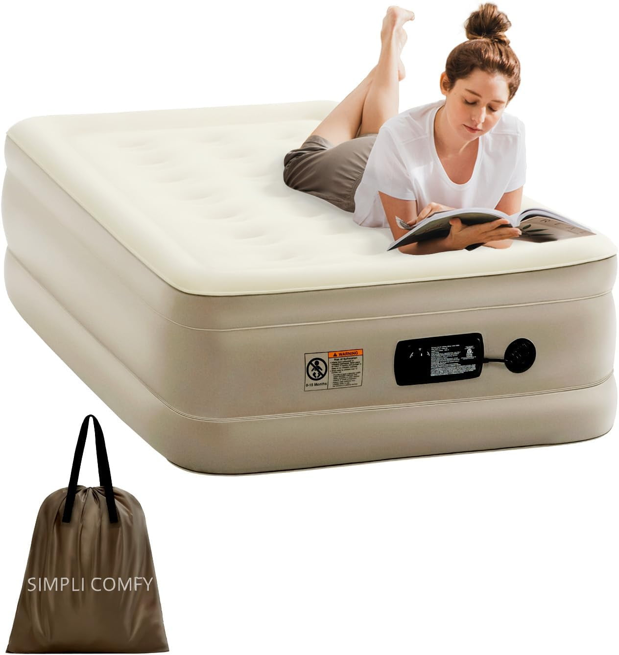 Simpli Comfy 18" Raised Twin Inflatable Air Mattress with Built-in AC Pump, Fast Self-Inflating Blow Up Air Bed with Waterproof Top for Home, Travel, Camping 75” x 40” x 18"…