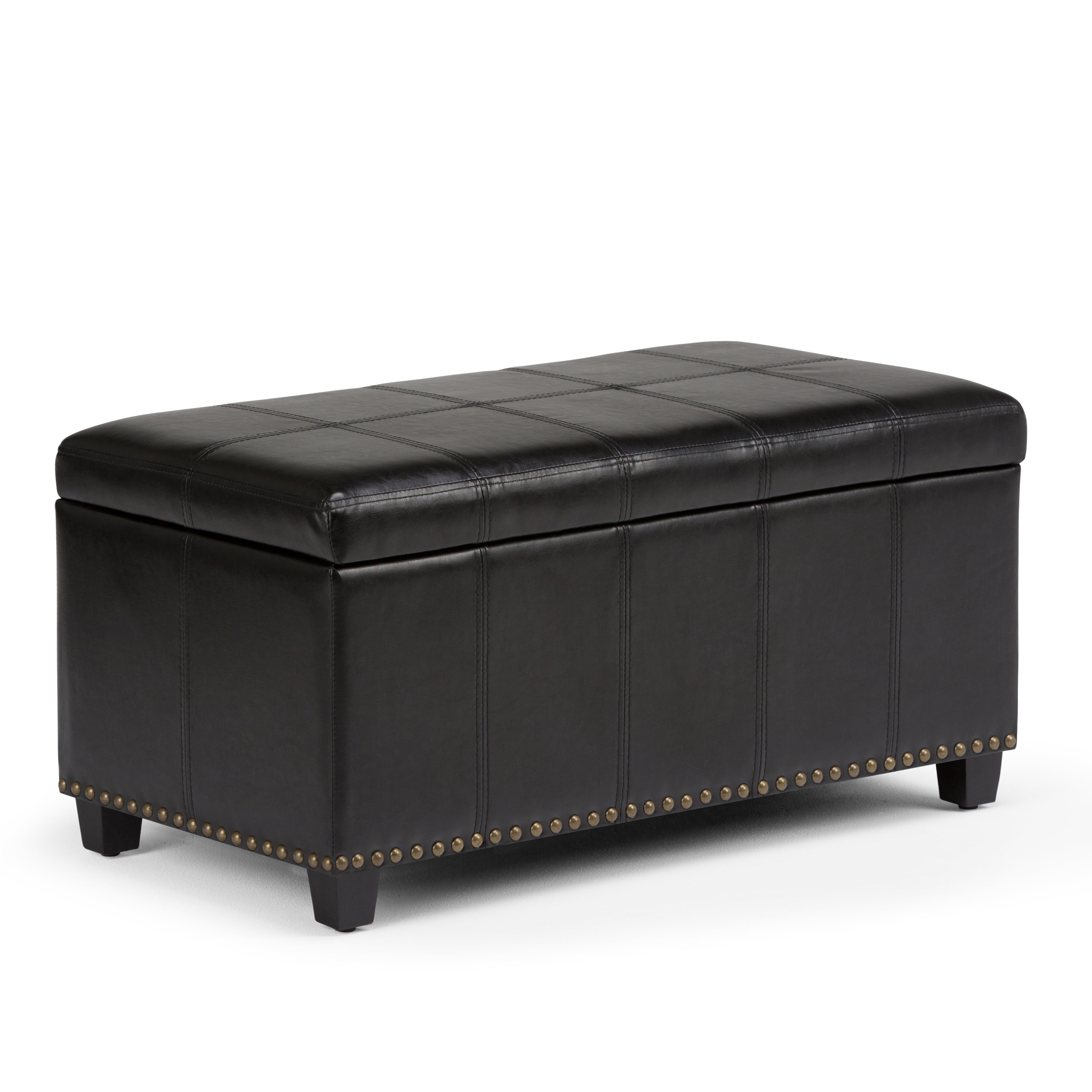 Simpli Home Amelia 34 inch Wide Transitional Rectangle Storage Ottoman Bench in Midnight Black Faux Leather