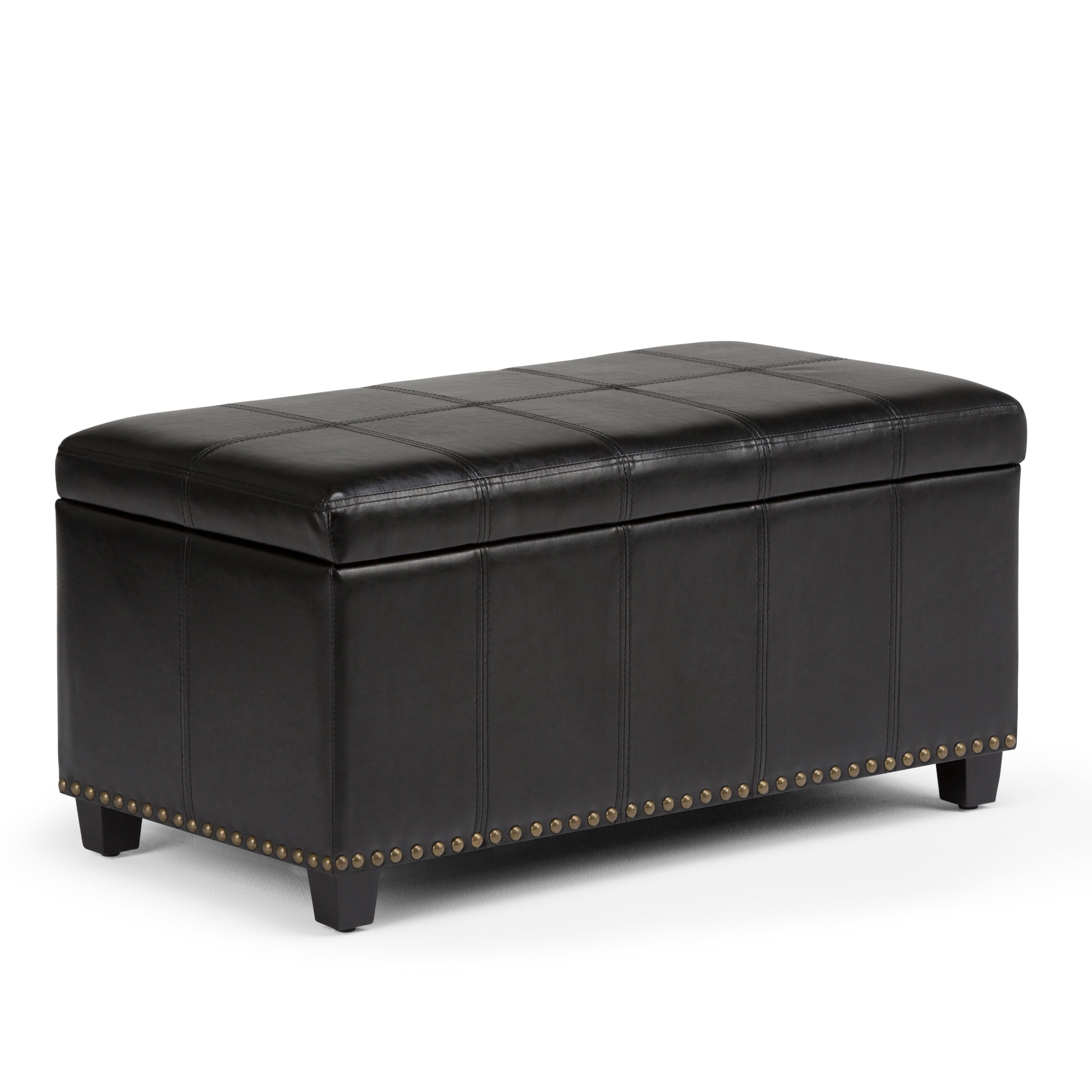 Simpli Home Amelia 34 inch Wide Transitional Rectangle Storage Ottoman Bench in Midnight Black Faux Leather
