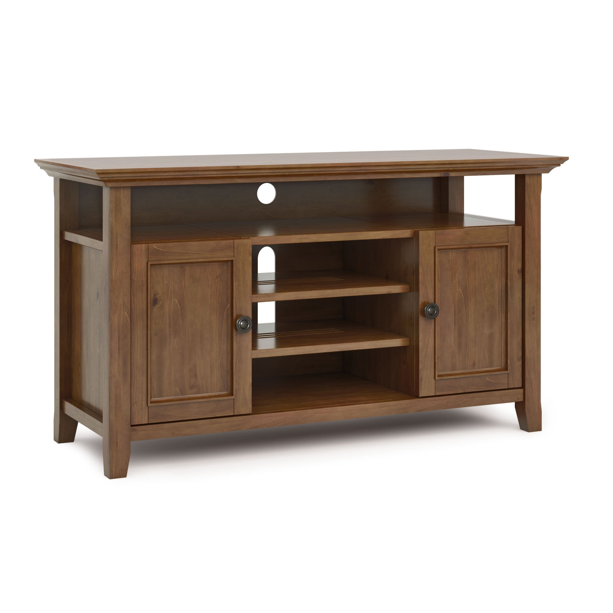 Simpli Home Amherst Wood TV Media Stand in Saddle Brown
