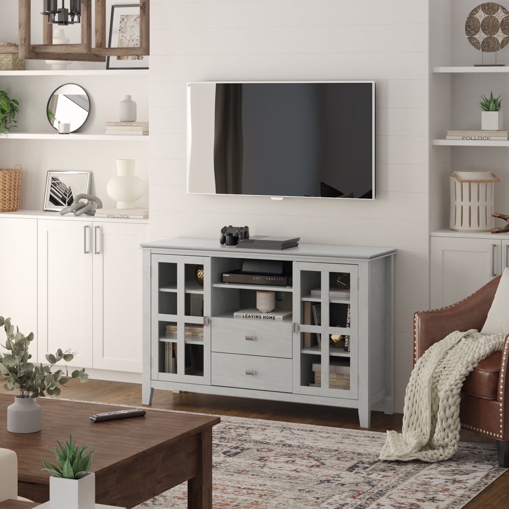 Simpli Home Artisan Solid Wood TV Media Stand in Fog Gray
