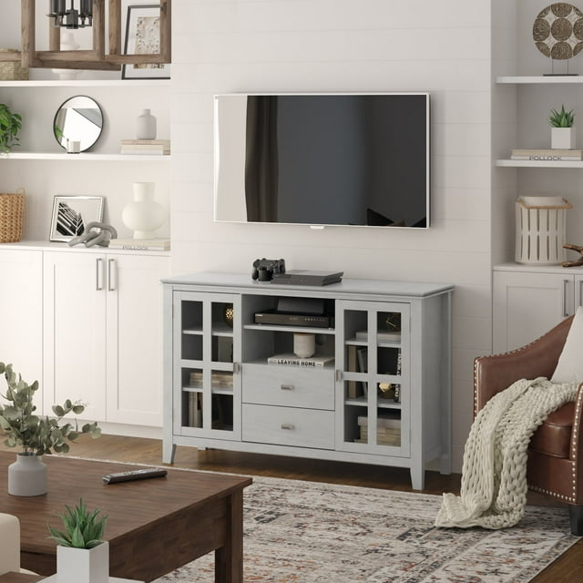 Simpli Home Artisan Solid Wood TV Media Stand in Fog Gray