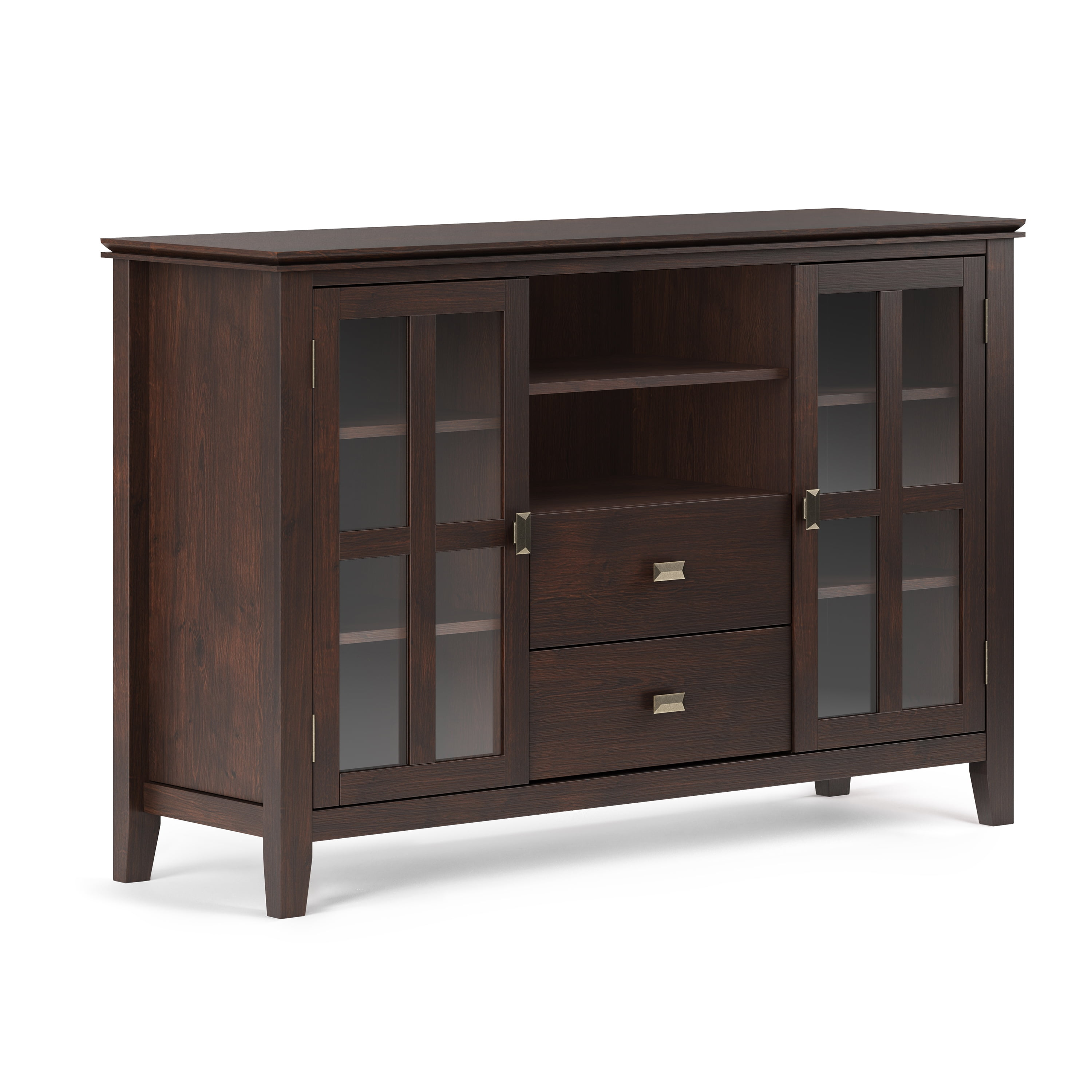 Simpli Home Artisan TV Media Stand in Dark Chestnut Brown