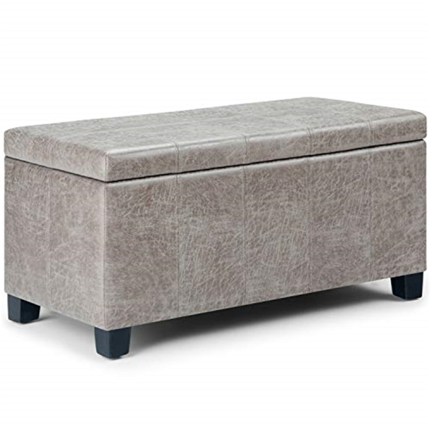 Simpli Home Dover Faux Leather Storage Ottoman Bench in Gray Taupe