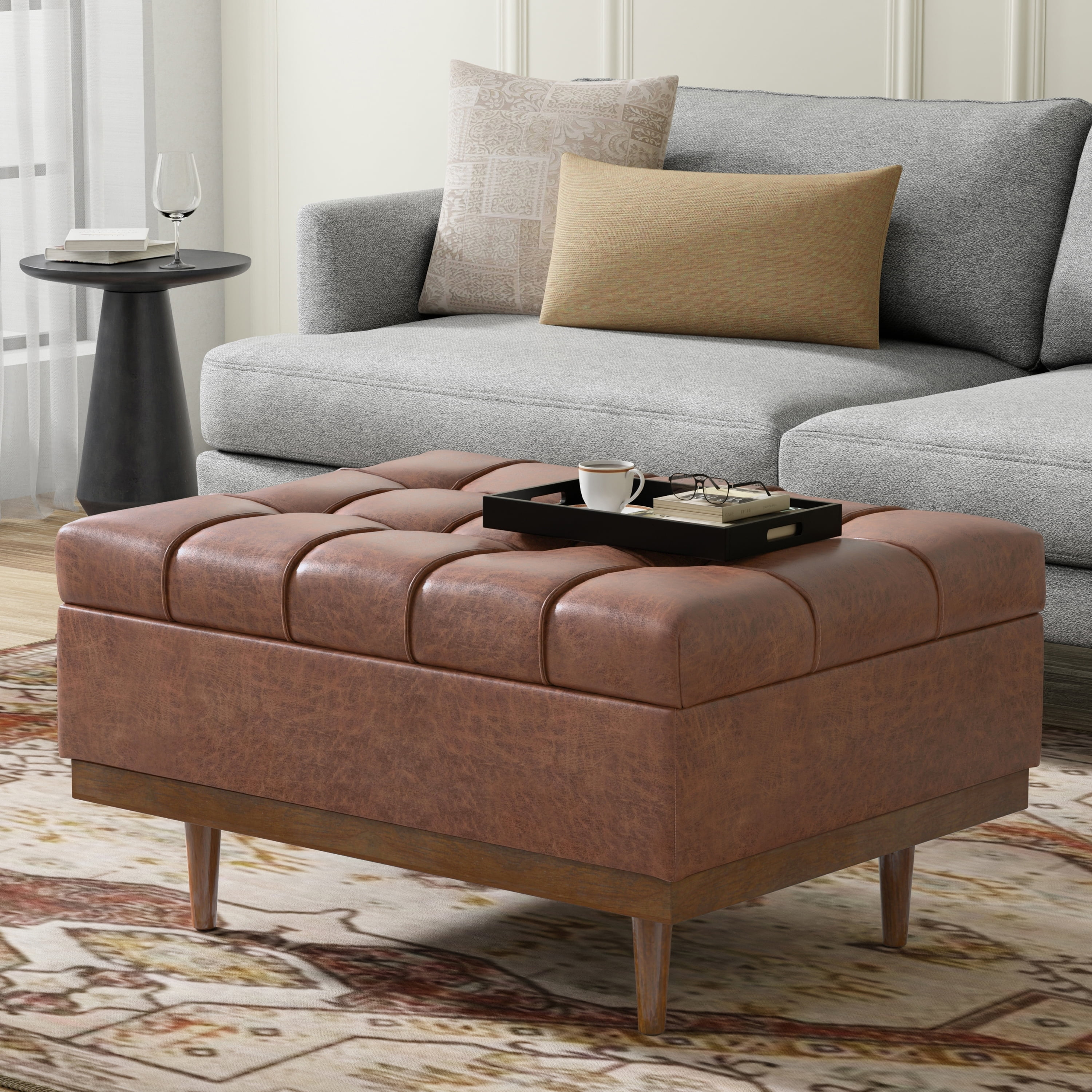 Simpli Home Mariah 34 inch Wide Contemporary Rectangle Coffee Table Storage Ottoman in Distressed Saddle Brown Vegan Faux Leather