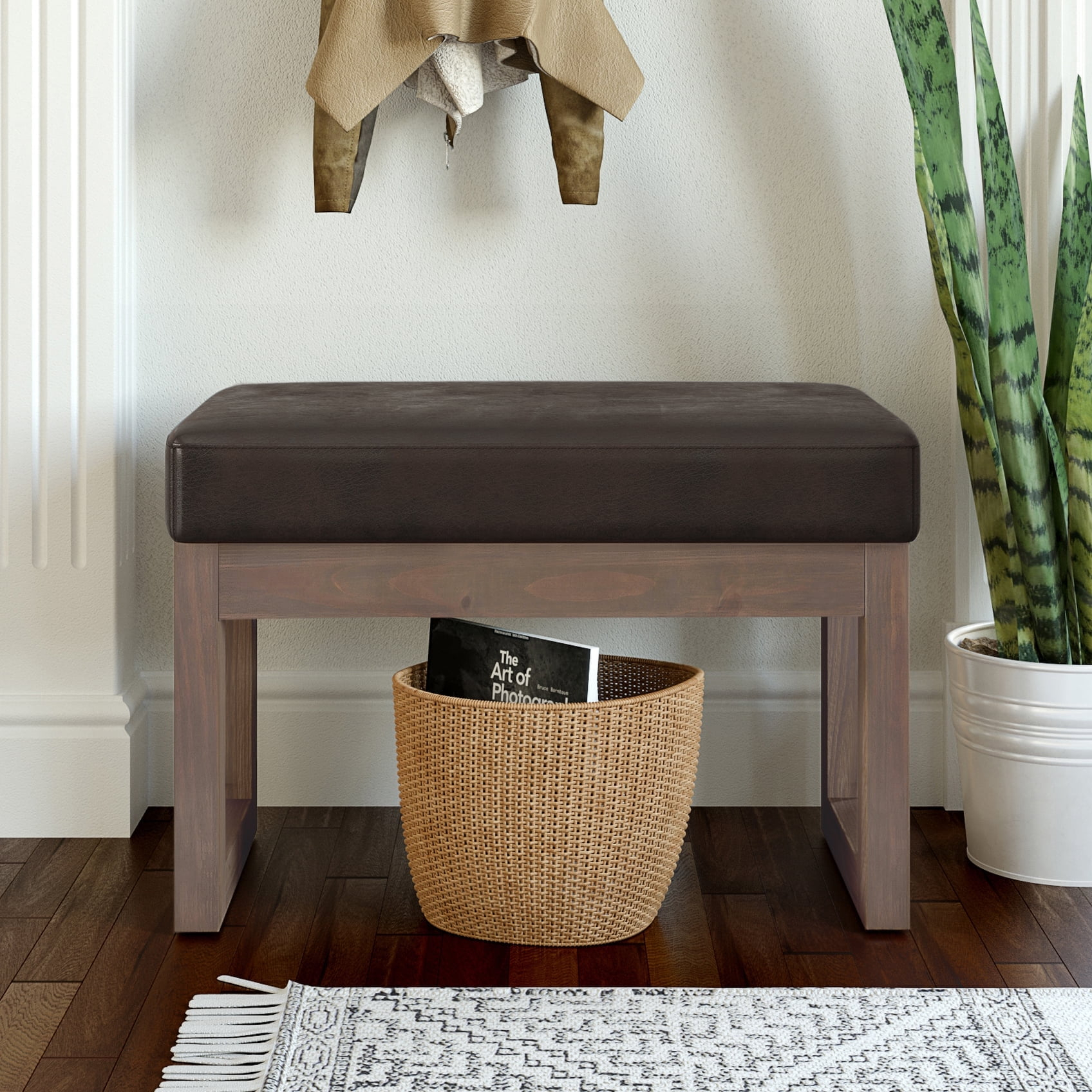 Simpli Home Milltown 26 inch Wide Contemporary Rectangle Footstool Ottoman Bench in Distressed Brown Faux Leather