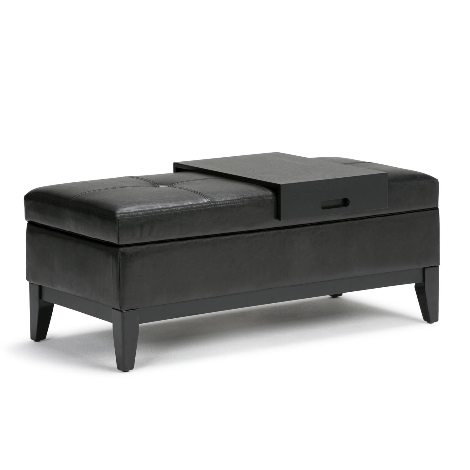 Simpli Home Oregon 42 inch Wide Contemporary Rectangle Storage Ottoman Bench with Tray in Tanners Brown Faux Leather-Finish:Midnight Black