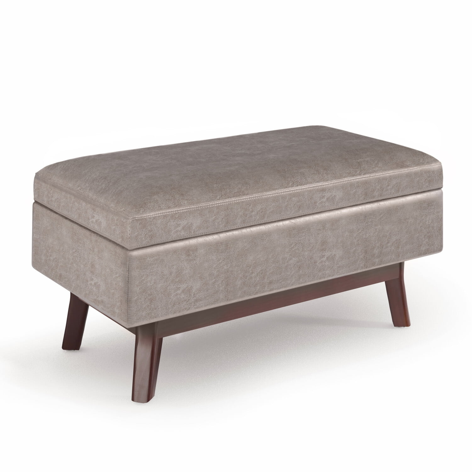 Simpli Home Owen 36 inch Wide Mid Century Modern Rectangle Small Rectangular Storage Ottoman in Distressed Grey Taupe Faux Air Leather