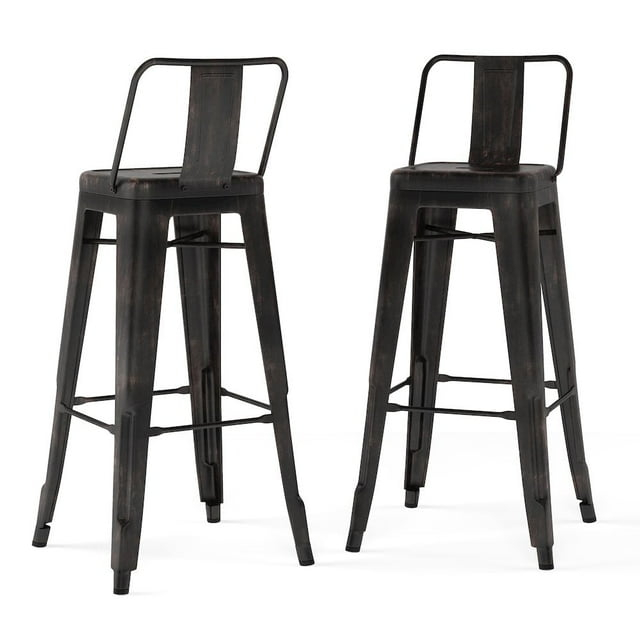 Simpli Home Rayne 30" Metal Bar Stool in Distressed Black (Set of 2)