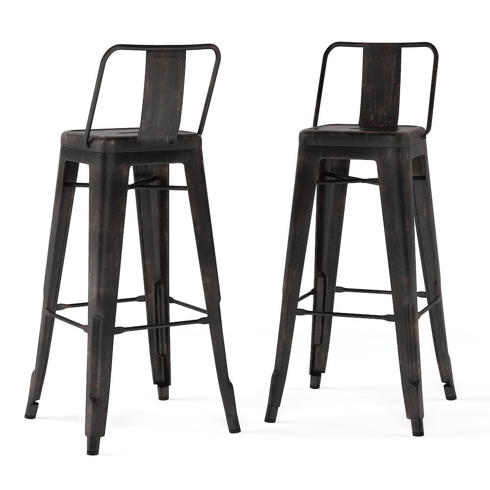 Simpli Home Rayne 30" Metal Bar Stool in Distressed Black (Set of 2)