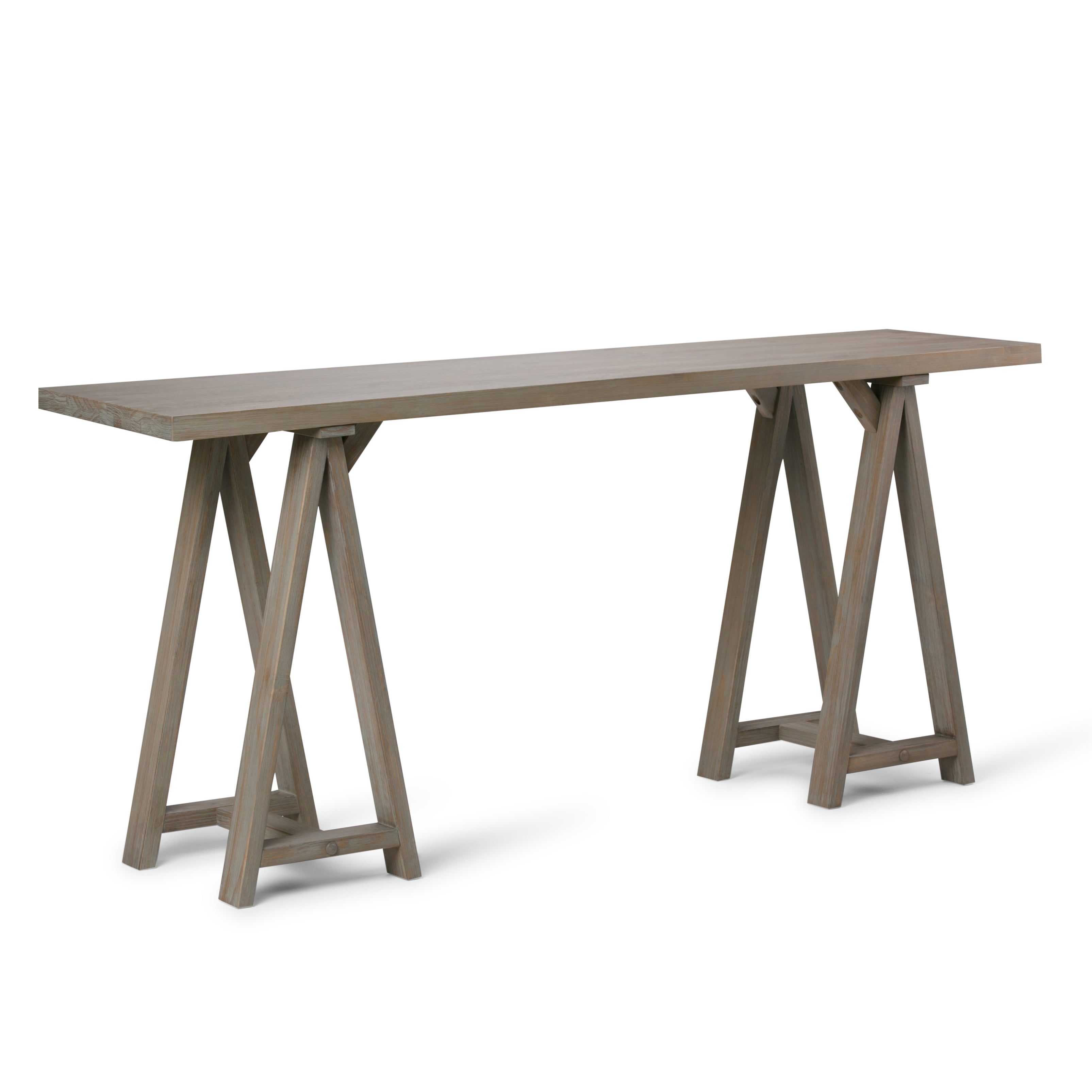 Simpli Home Sawhorse Solid Wood Wide Console Sofa Table In Distressed Grey