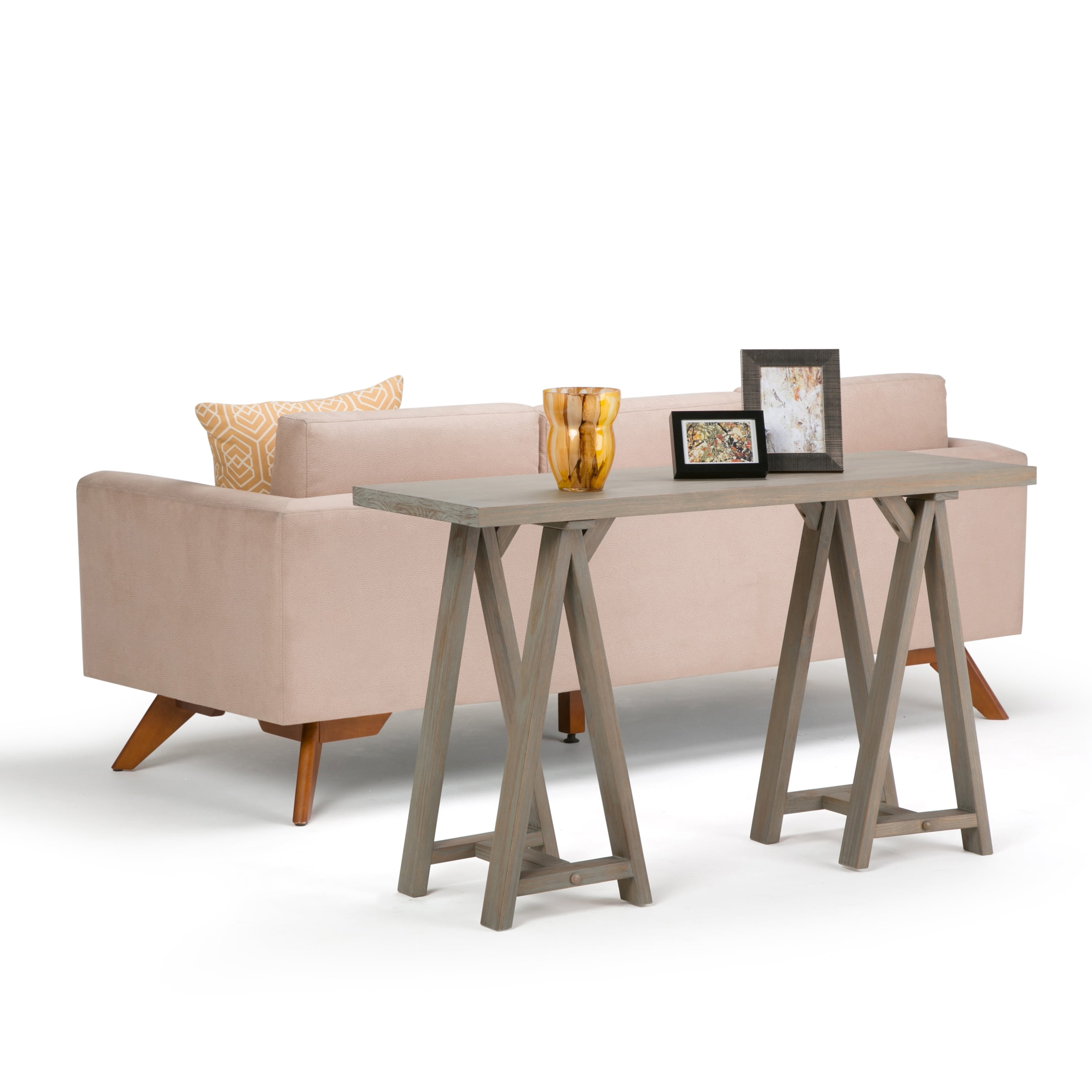 Simpli Home Sawhorse Solid Wood Wide Console Sofa Table In Distressed Grey