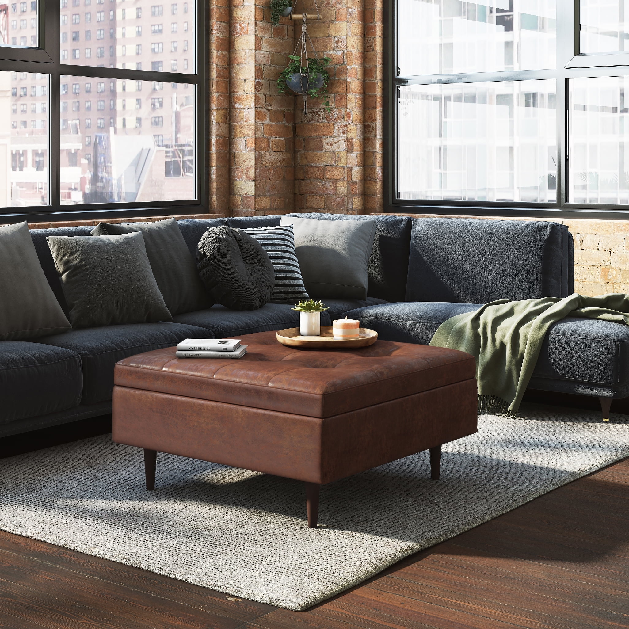Simpli Home Shay 38 inch Wide Mid Century Modern Square Mid Century Large Square Coffee Table Storage Ottoman in Distressed Saddle Brown Vegan Faux Leather