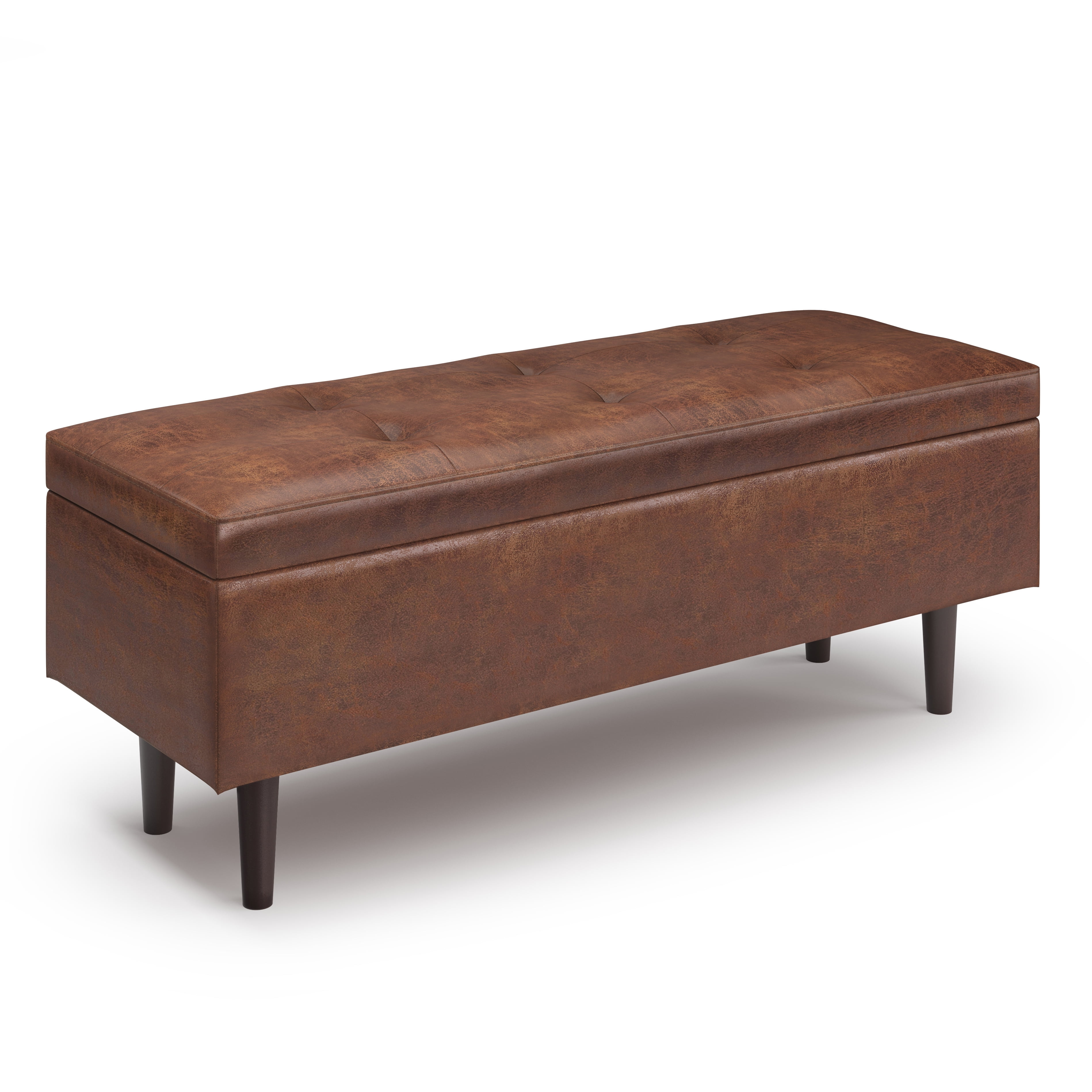 Simpli Home Shay 48 inch W. Modern Storage Ottoman in Distressed Saddle Brown Faux Leather