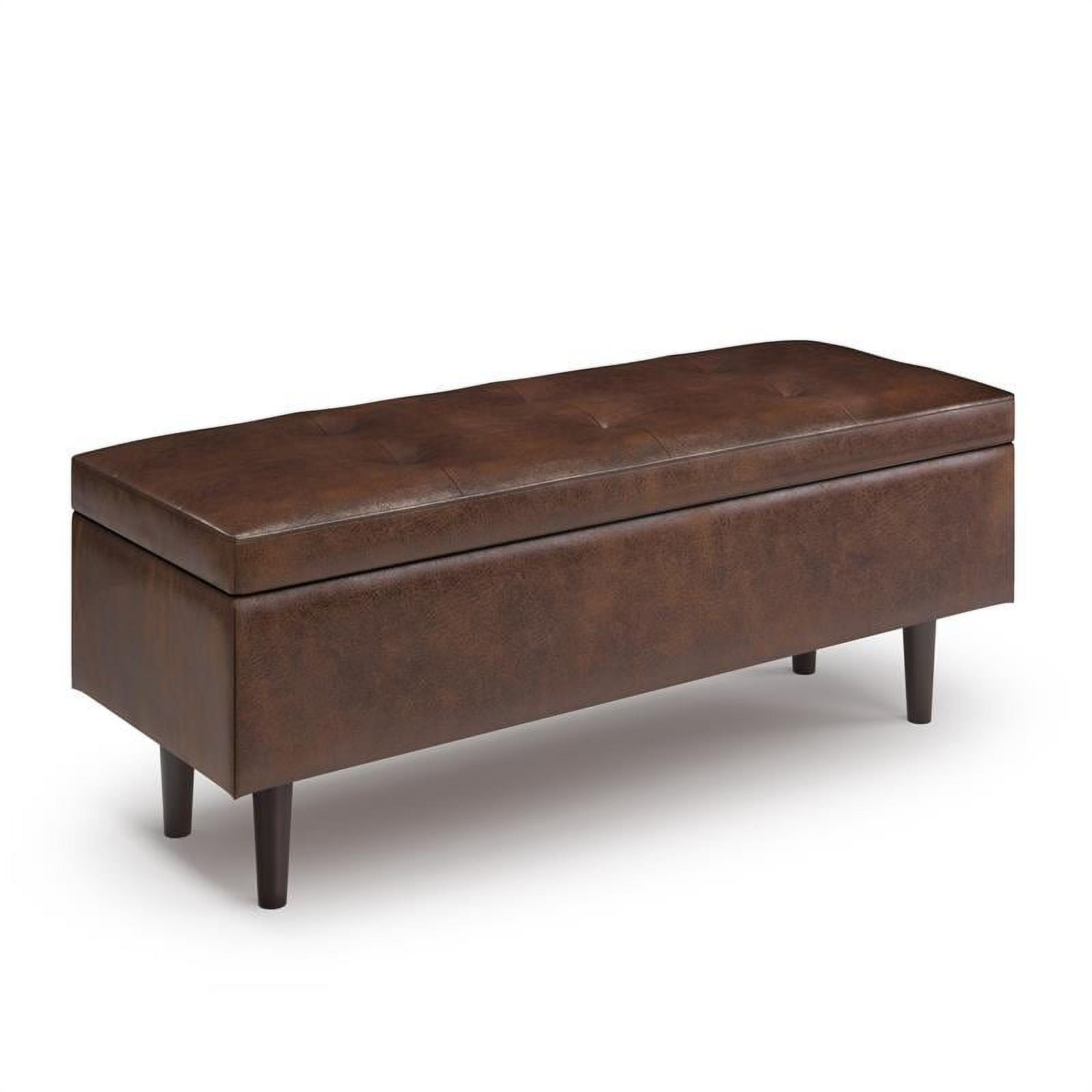 Simpli Home Shay 48 in.W Modern Storage Ottoman in Distressed Chestnut Brown Faux Leather