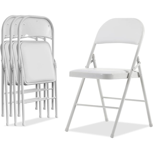 Simpli Magic Padded Folding Chairs White Metal Folding Chairs with Padded Cushion and Back, 4 Pack