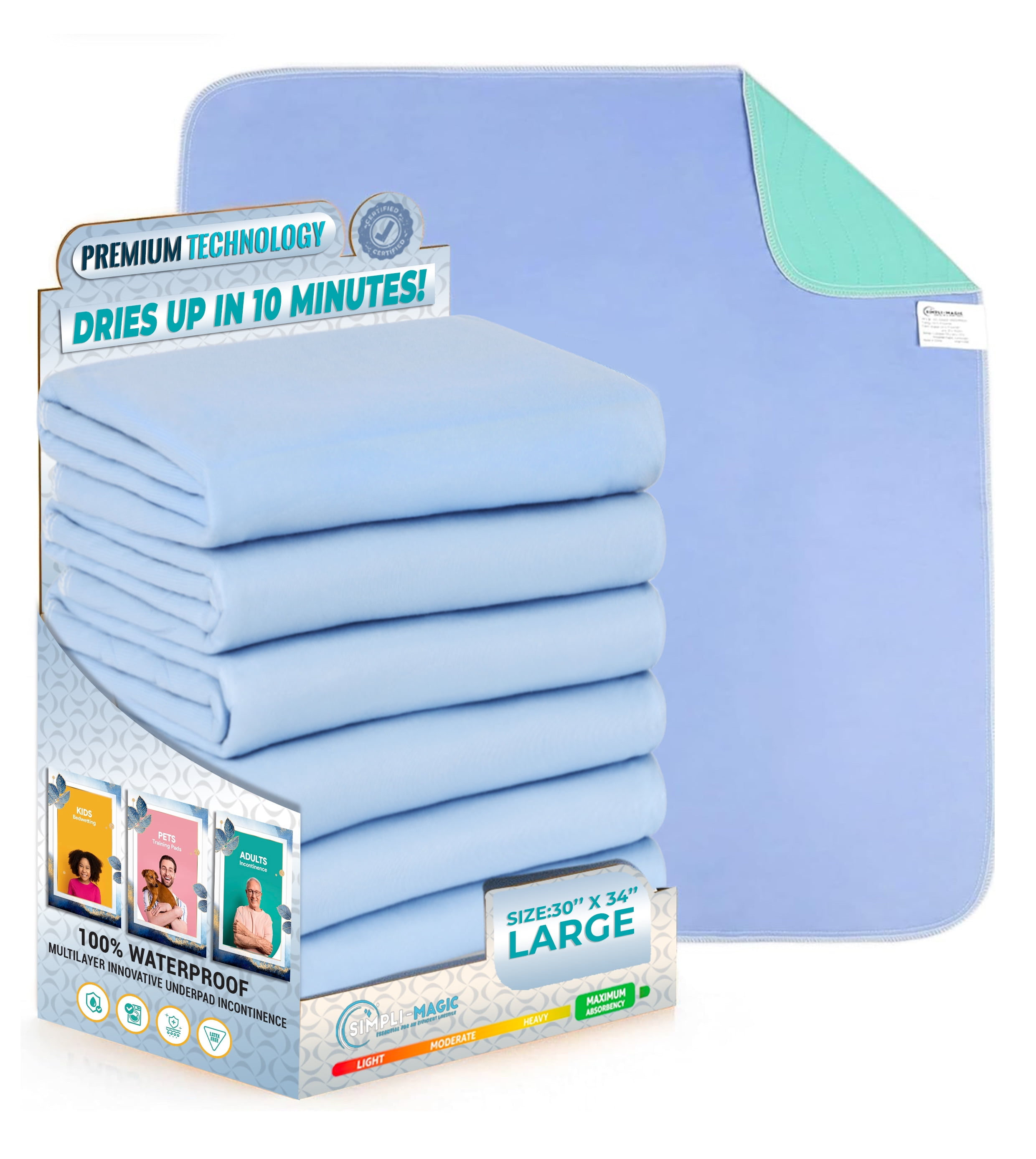 Simpli-Magic Washable Underpads Reusable Incontinence Pads, 30" x 34" 4-Pack