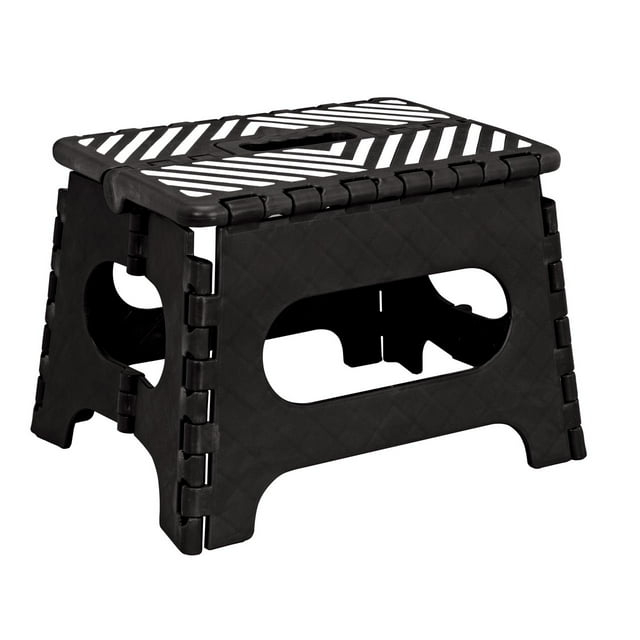 Simplify Plastic 9" Stripe Top 1 Step Folding Step Stool, Black