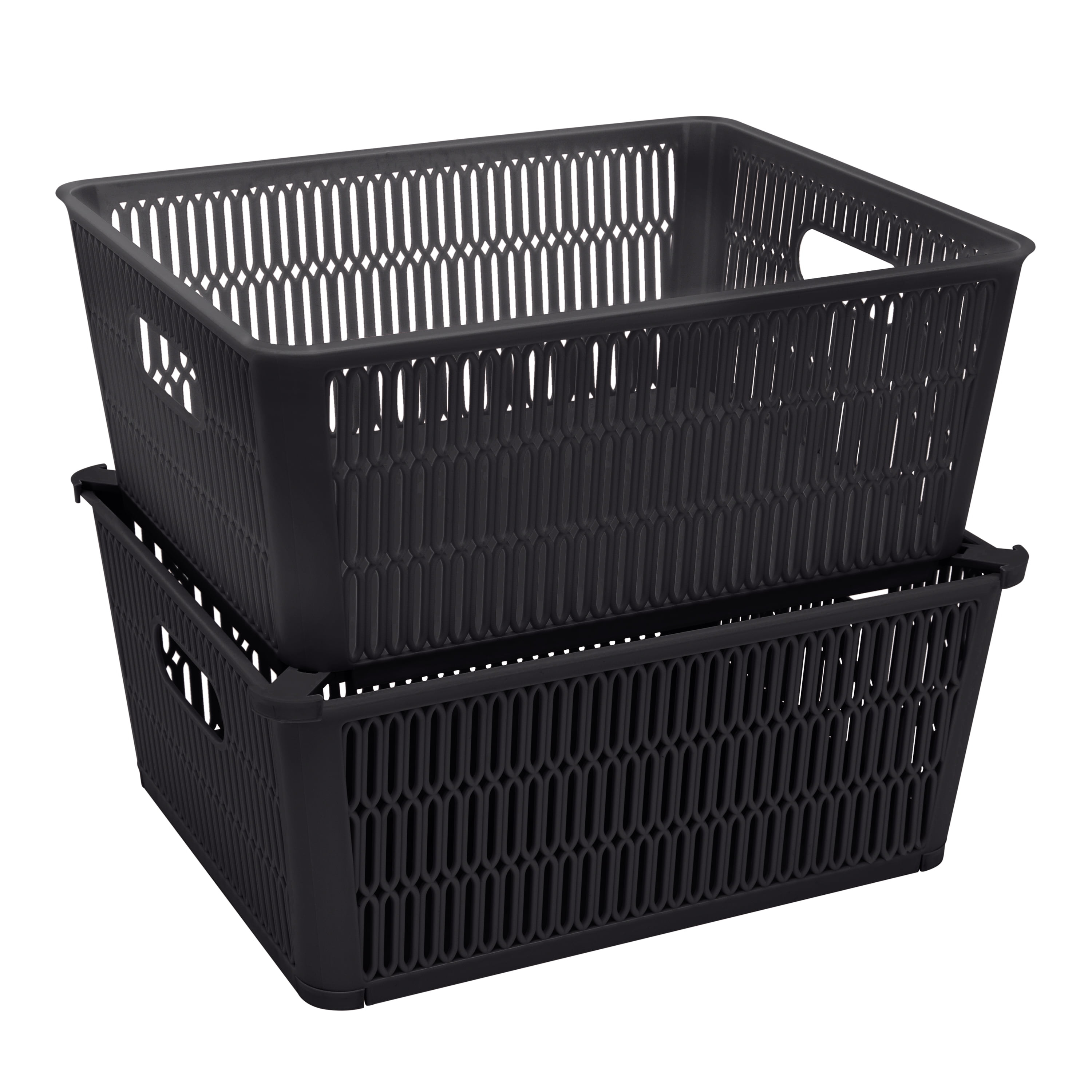 Simplify Slide 2 Stack It 2 Pack Plastic Storage Tote Baskets in Black
