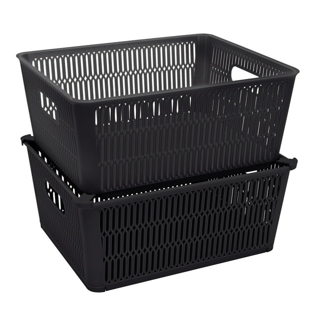 Simplify Slide 2 Stack It 2 Pack Plastic Storage Tote Baskets in Black