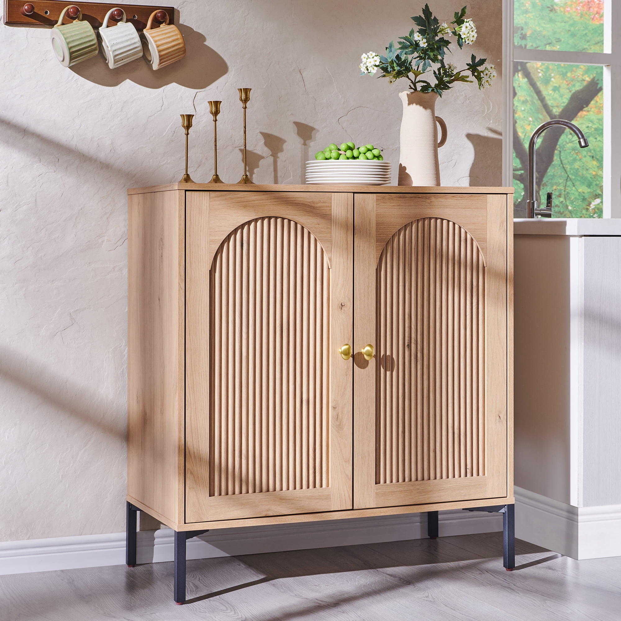 SinCiDo Buffet Cabinet with Storage, 34" Tall Wooden Arched Sideboard Cabinet with/Adjustable Shelf, Fluted Accent Cabinet for Dining Room, Kitchen