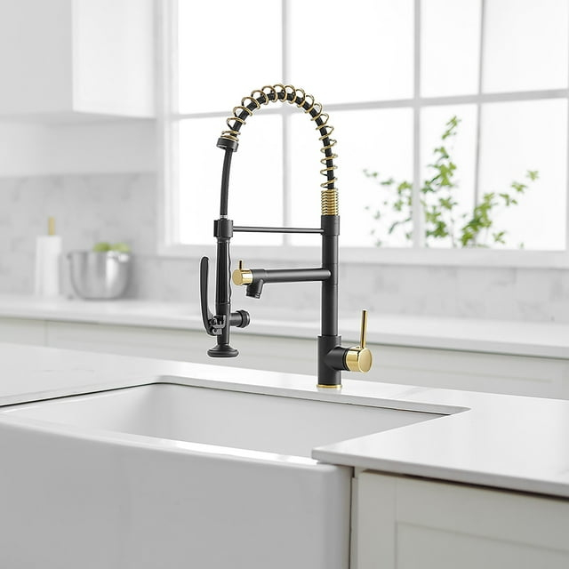 Single Handle Double-Spout High Arc Pull Down Kitchen Sink Faucet Black and Gold