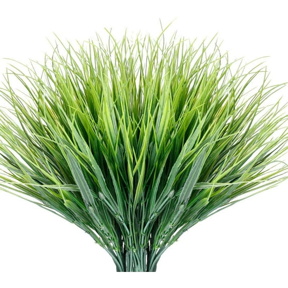 Morttic 12 Bundles Artificial Grasses Outdoor UV Resistant Fake Grass No Fade Faux Plastic Plants Garden Window Box Decorating(Green Grass)