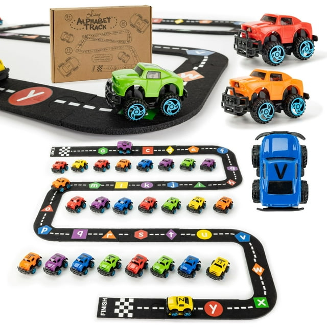 Skoolzy AlphaTracks Alphabet Race Car Track 41-Piece Set with Flexible Felt Racing Tracks ABC Montessori Toys Preschool Activities Includes Letters & Numbers for Kids Recognition Skills Includes eBook